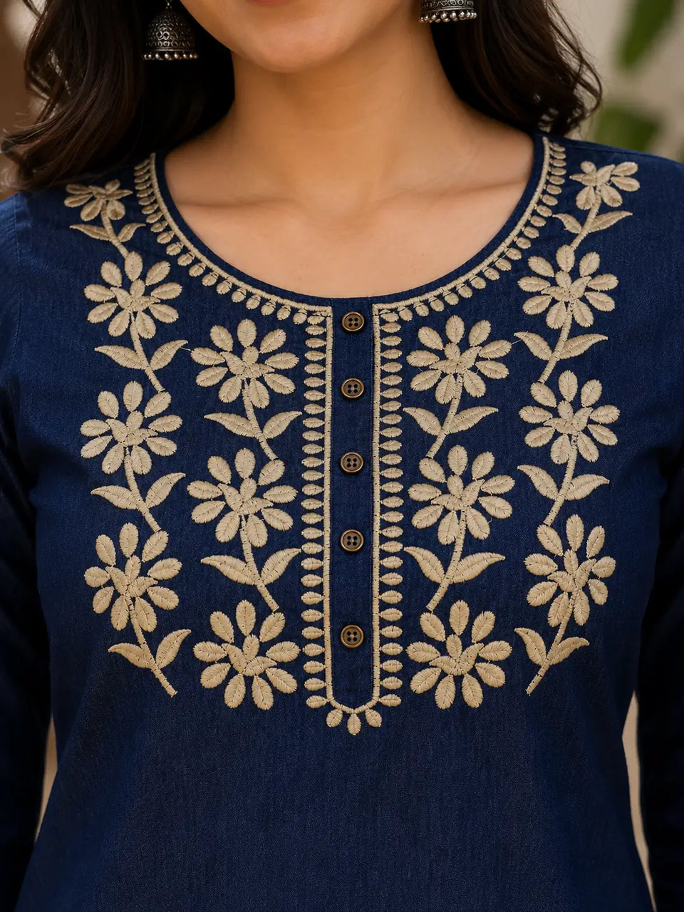 Detailed embroidery pattern on Rabric navy blue cotton short top for women with ethnic floral thread work