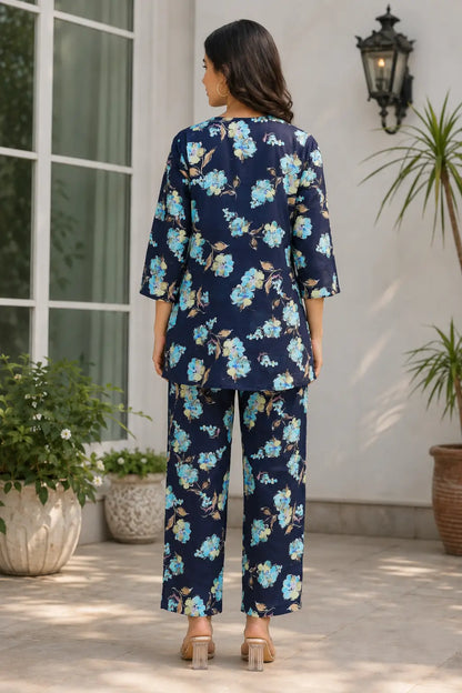 Back view of Rabric navy blue cotton floral print women co-ord set in soft cotton fabric with relaxed fit top and pants