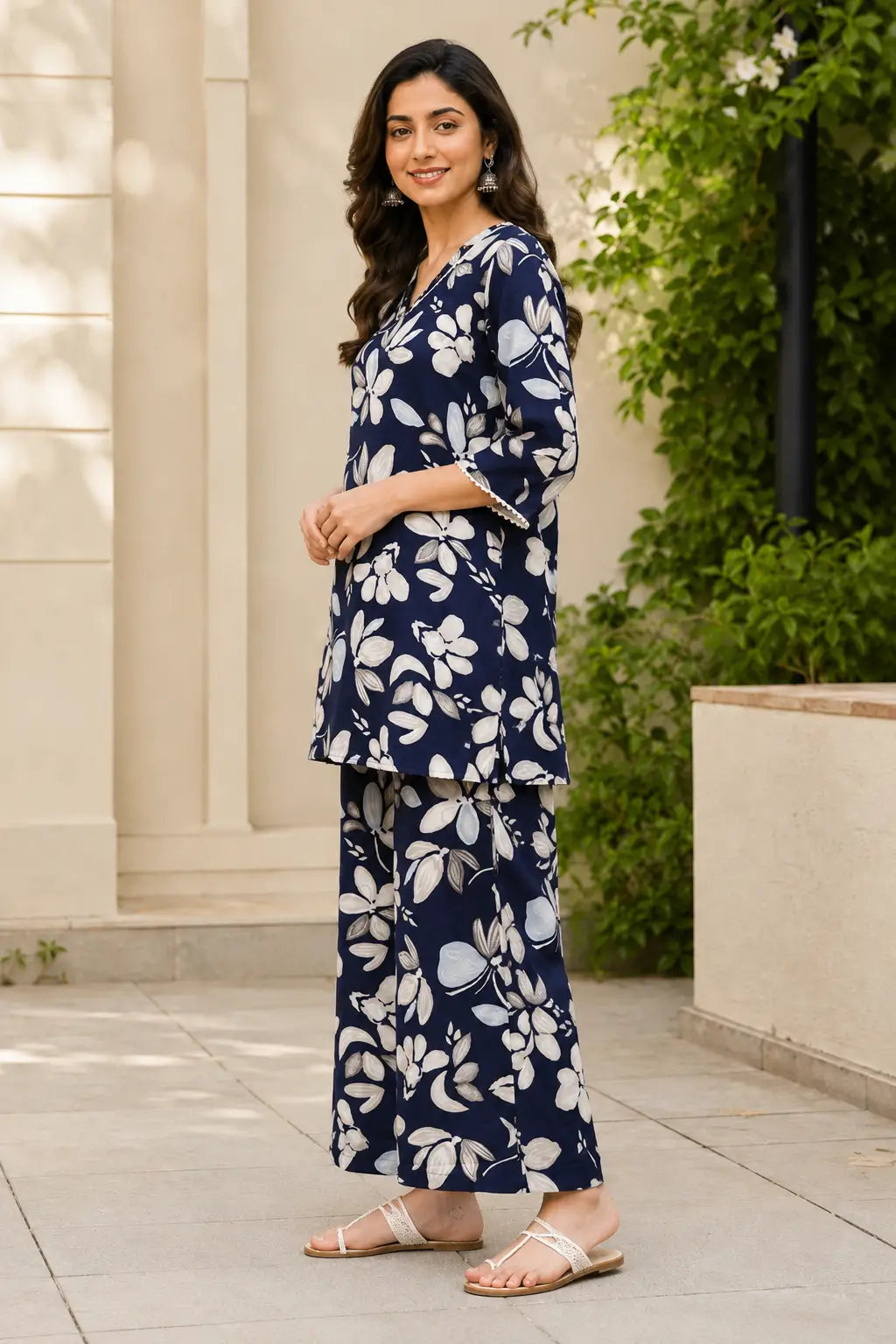 Side angle of Rabric navy blue cotton floral print co-ord set for women with short kurta style shirt and wide-leg pant