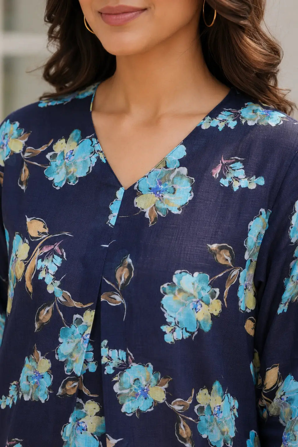 Close-up of Rabric navy blue cotton floral print co-ord set V-neck design with center pleat detail