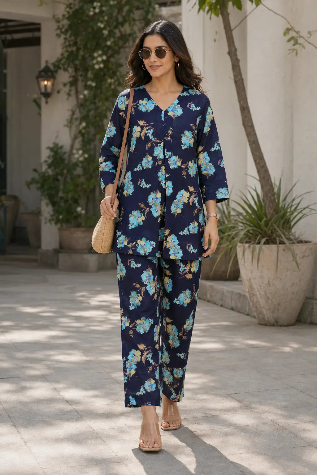 Rabric navy blue cotton floral print women co-ord set front view with V-neck top and matching straight pants