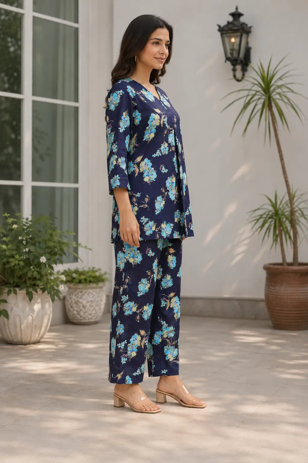 Side view of Rabric navy blue cotton floral print women co-ord set with 3/4 sleeves and straight cotton pants