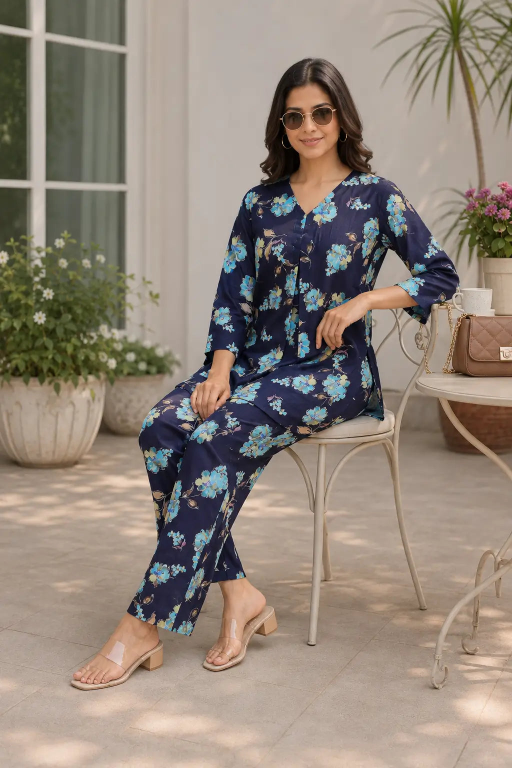 Rabric navy blue cotton floral print women co-ord set in casual sitting pose with soft cotton fabric feel