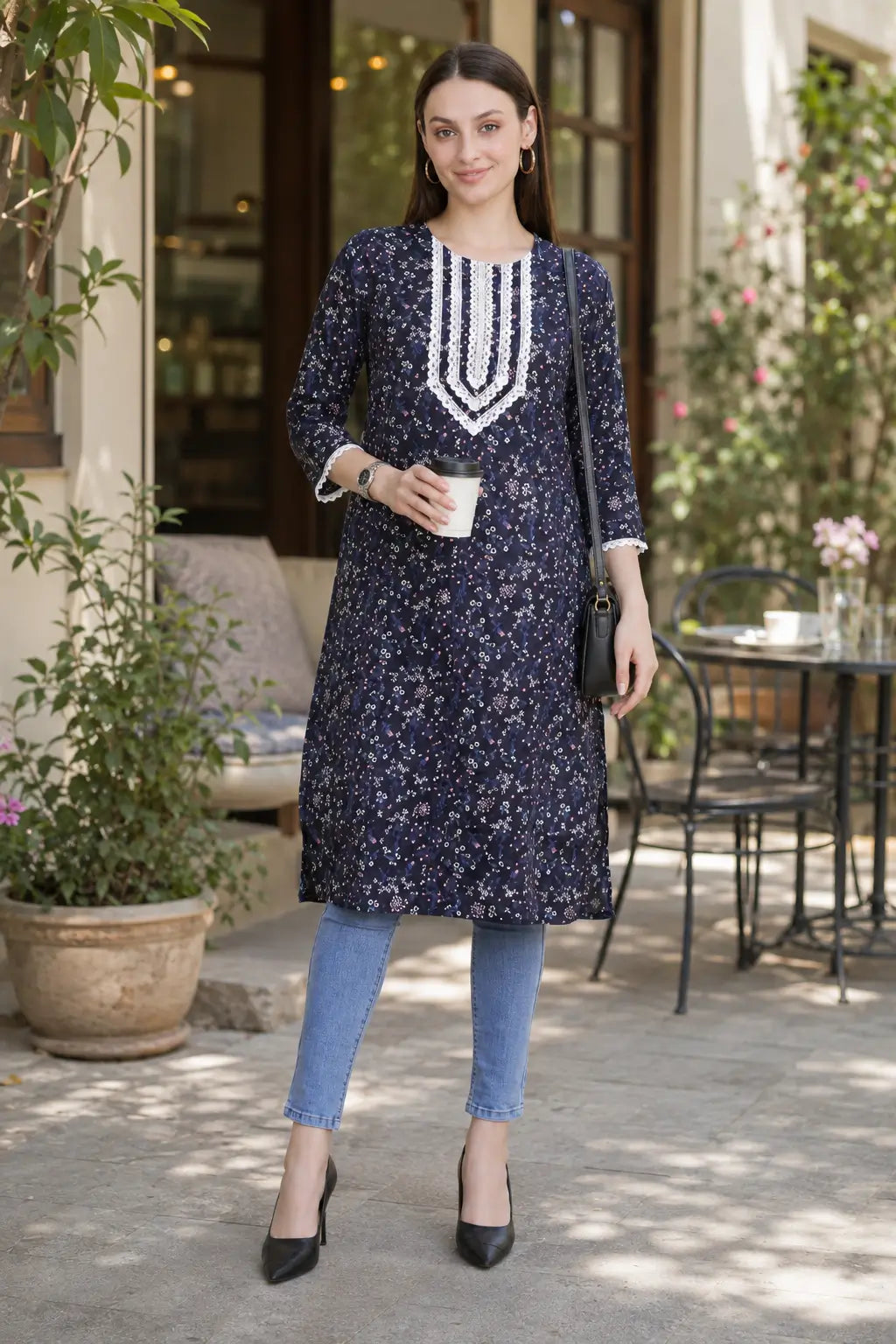 Woman wearing Rabric navy blue cotton floral printed long kurti with V-neck white embroidery, 3/4 sleeves and jeans in a casual café look.