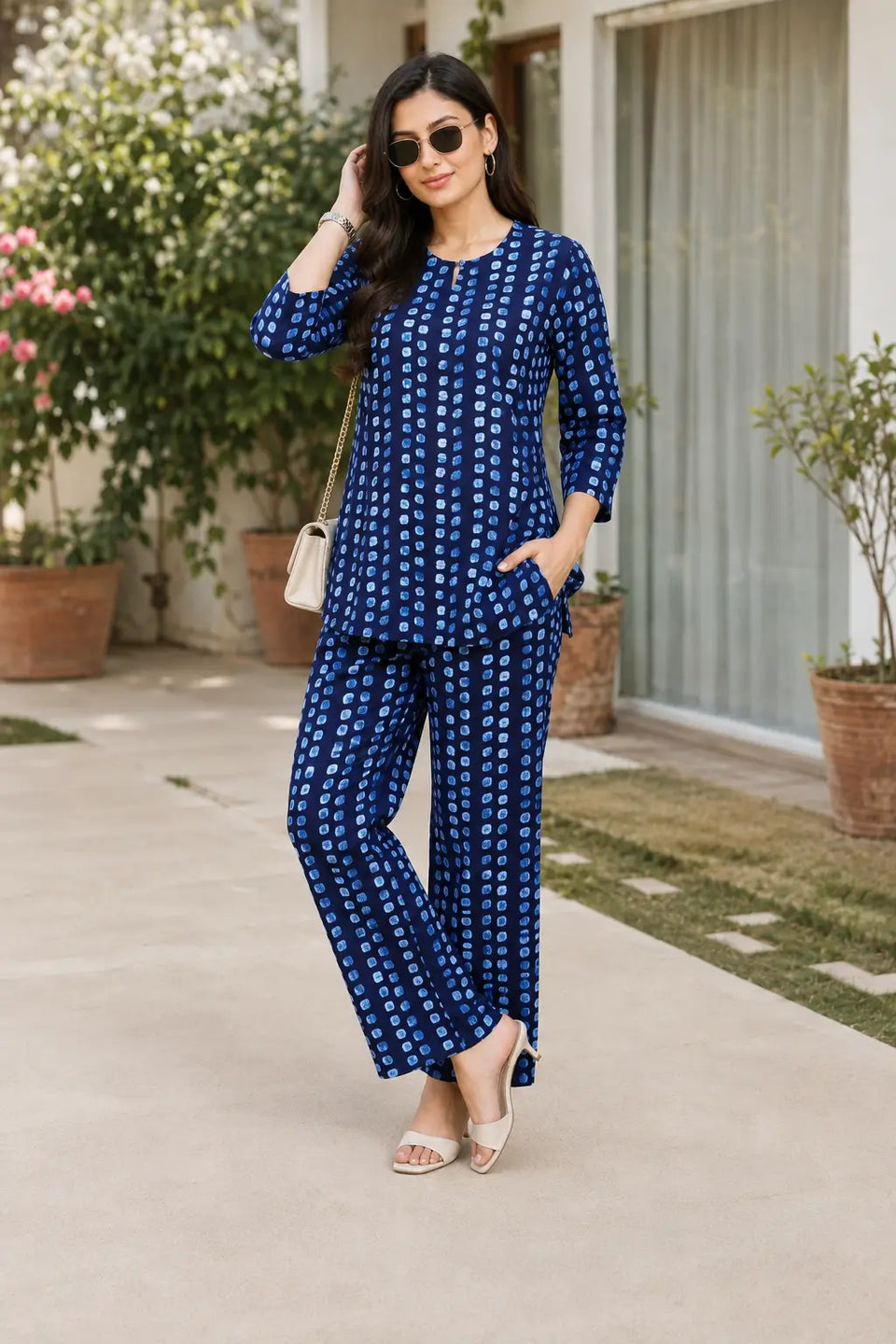 Rabric navy blue cotton geometric dotted print co-ord set for women with short top and wide leg pants styled with sunglasses