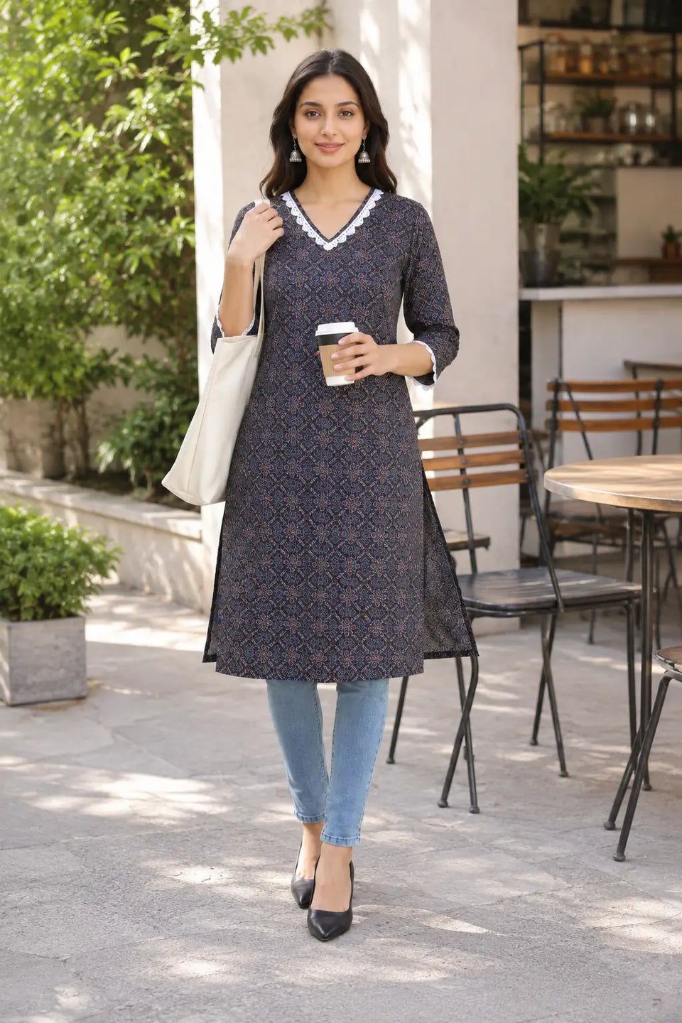 Rabric navy blue cotton casual kurti for women with geometric floral ethnic print, white embroidered V neck lace and three quarter sleeves café lifestyle look