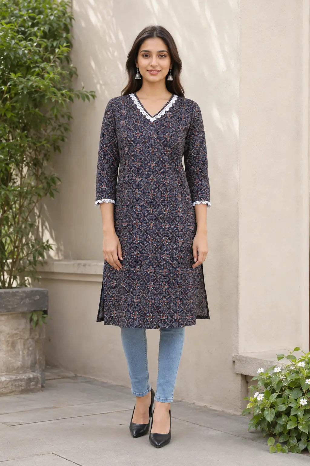 Rabric navy blue cotton kurti for women with geometric floral ethnic print, V neck white embroidered lace design and three quarter sleeves front view
