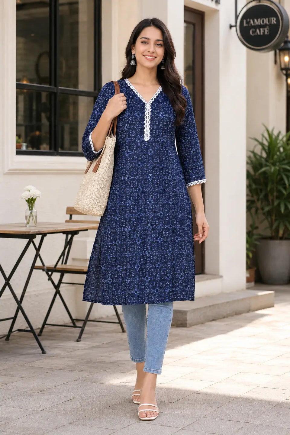 Woman wearing Rabric navy blue cotton geometric floral printed long kurti with V-neck embroidery, 3/4 sleeves and jeans