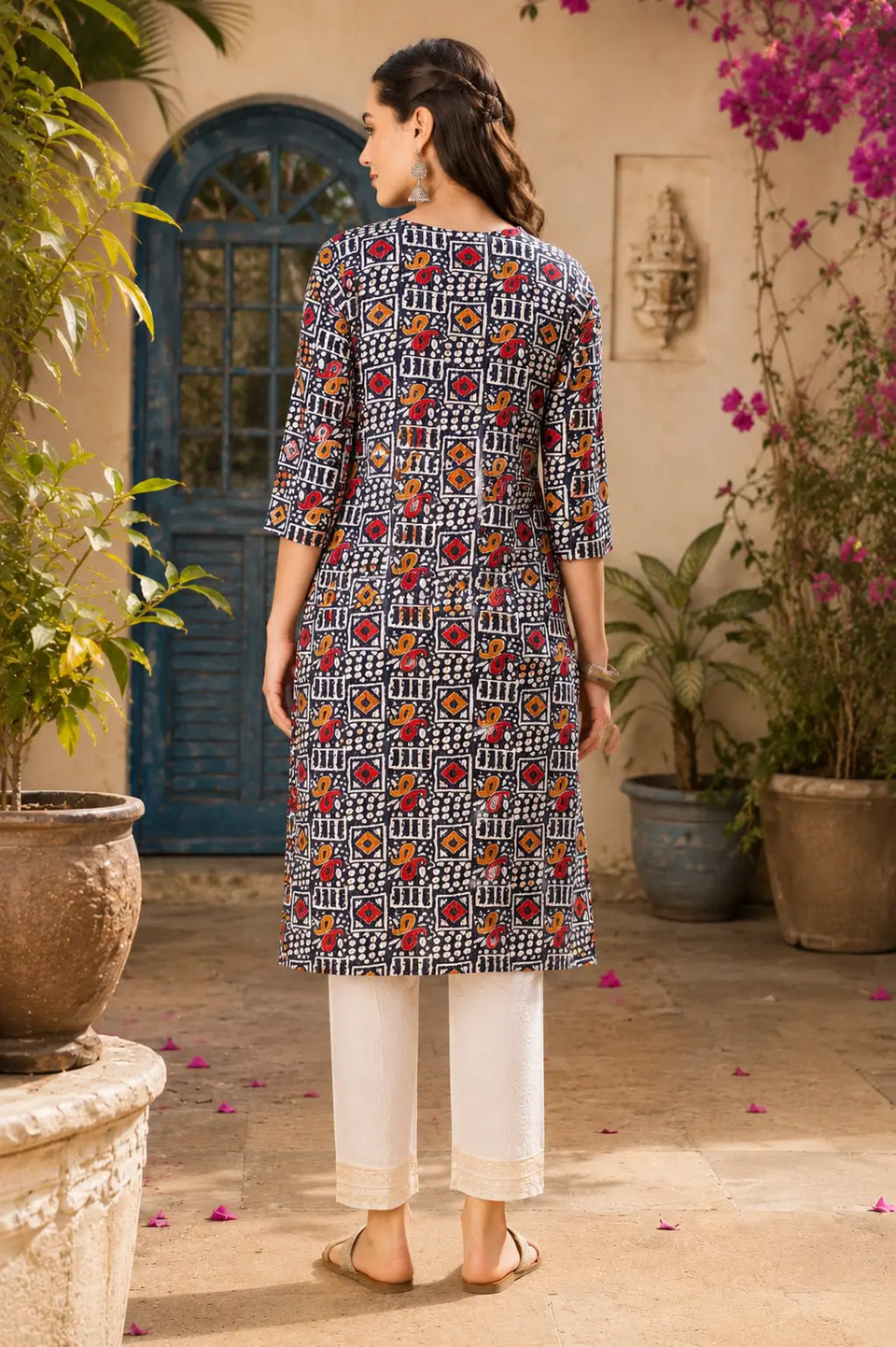 Back side view of Rabric navy blue cotton printed kurti for women full length ethnic top with 3/4 sleeves