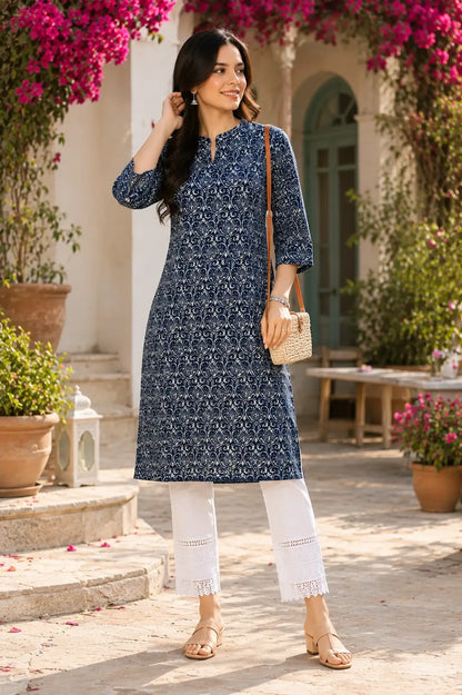 Rabric navy blue cotton printed women kurti front view with stylish neck design and 3/4 sleeves for casual ethnic wear
