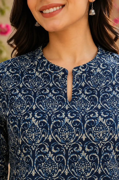 Closeup of stylish neck design on Rabric navy blue cotton printed kurti for women ethnic fashion