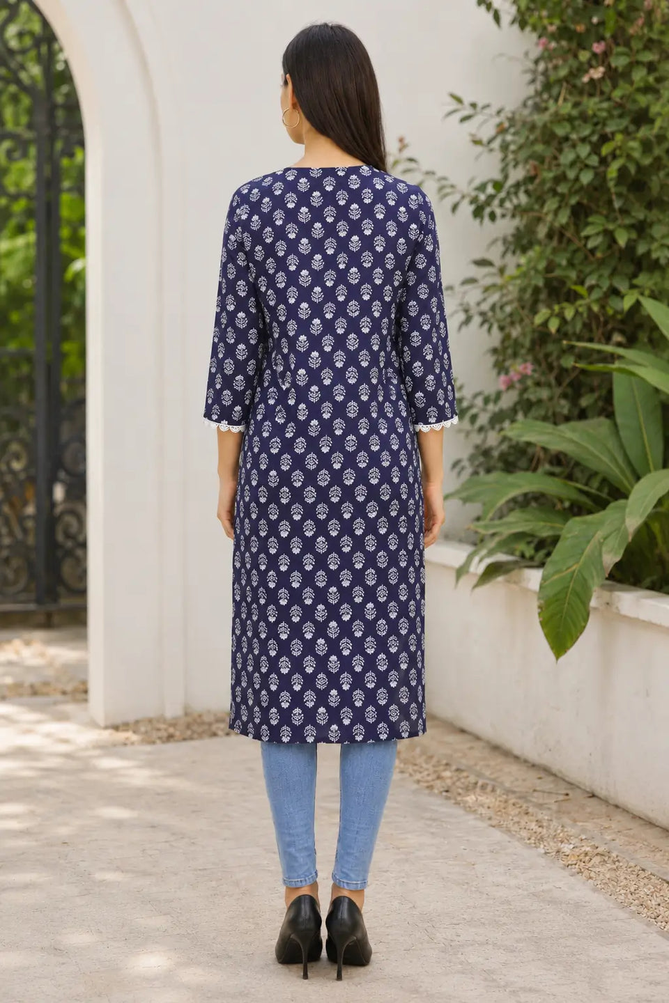 Rabric navy blue cotton long straight kurti for women with white leaf floral print and 3/4 sleeves – full back view