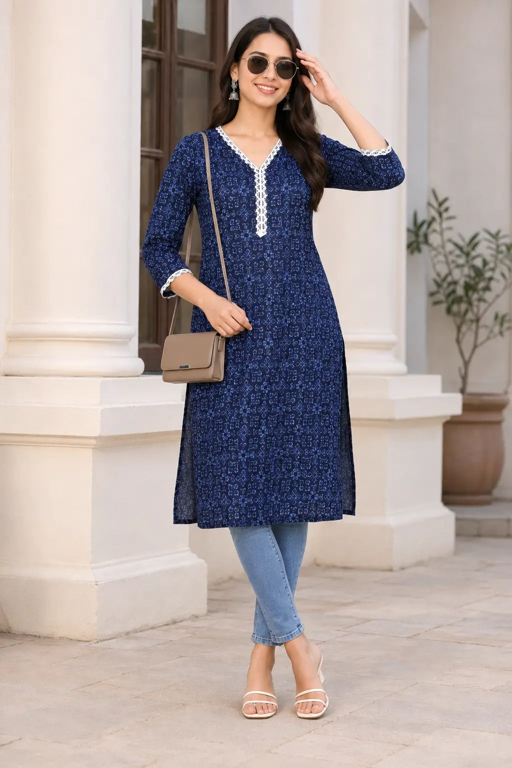 Rabric navy blue cotton printed long kurti with light blue geometric floral motifs, white V-neck lace embroidery and casual outdoor styling