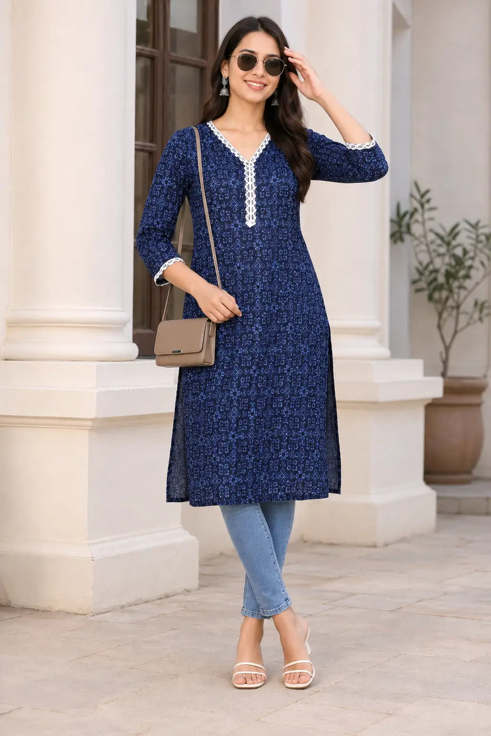 Rabric navy blue cotton printed long kurti with light blue geometric floral motifs, white V-neck lace embroidery and casual outdoor styling