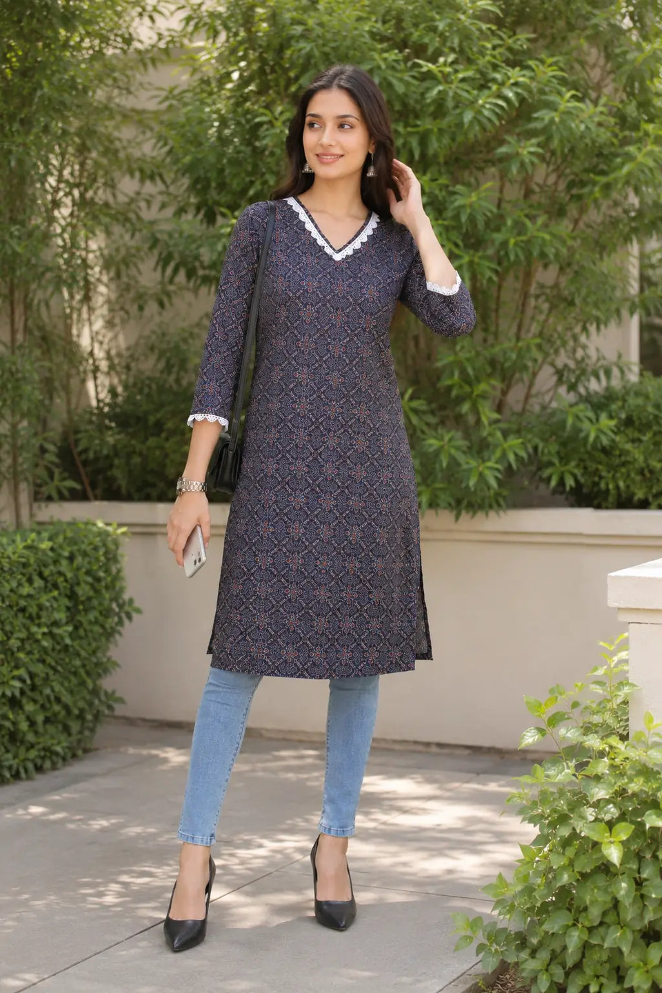 Rabric navy blue cotton straight kurti for women with all over geometric floral print, V neck embroidered lace design and casual outdoor styling