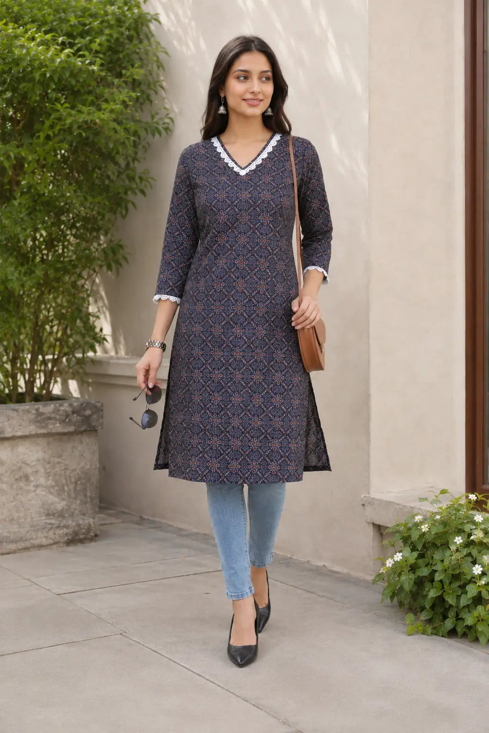 Rabric navy blue cotton daily wear kurti for women with geometric floral print, embroidered lace V neck and straight fit outdoor lifestyle look