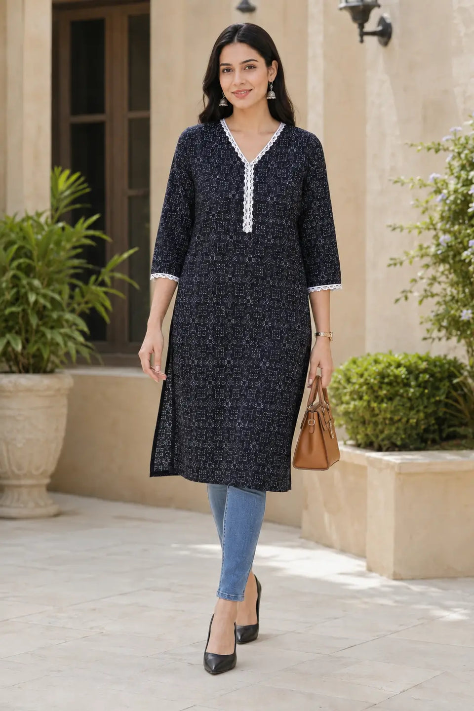 Rabric navy blue cotton V neck printed kurti for women styled with jeans, featuring abstract geometric print and white embroidery