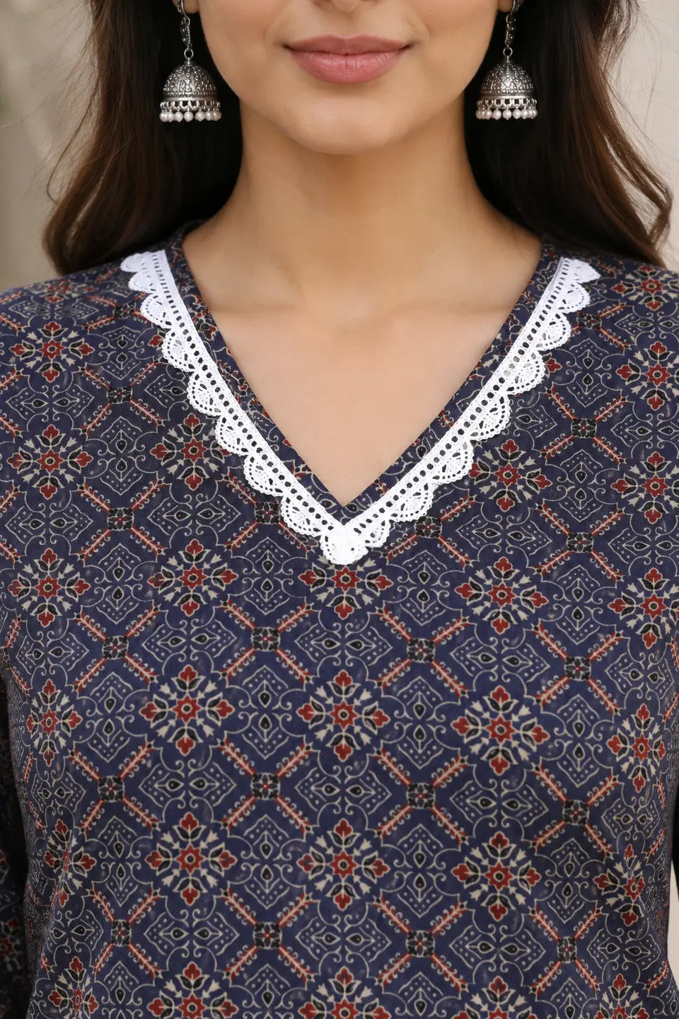 Rabric navy blue cotton printed kurti with V neck white embroidered lace design and detailed geometric floral ethnic print close up