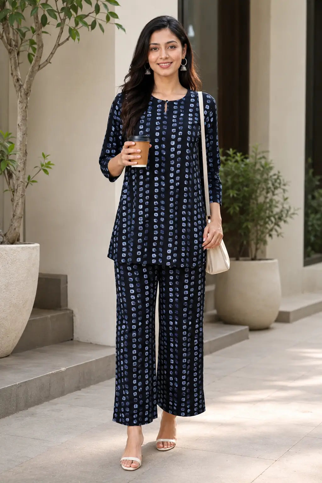 Rabric navy blue cotton co-ord set for women with light blue dot print, short tunic-style top and wide-leg pajama styled for casual everyday wear