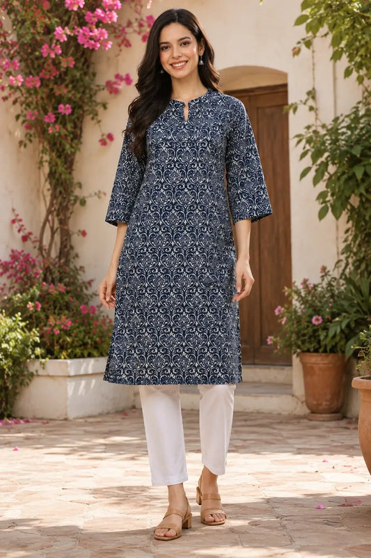 Woman wearing Rabric navy blue cotton printed kurti with stylish white pants in casual lifestyle ethnic fashion look