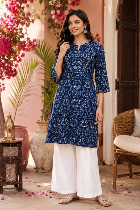 Rabric navy blue cotton printed women kurti front view with stylish white palazzo pants and 3-4 sleeves ethnic casual wear