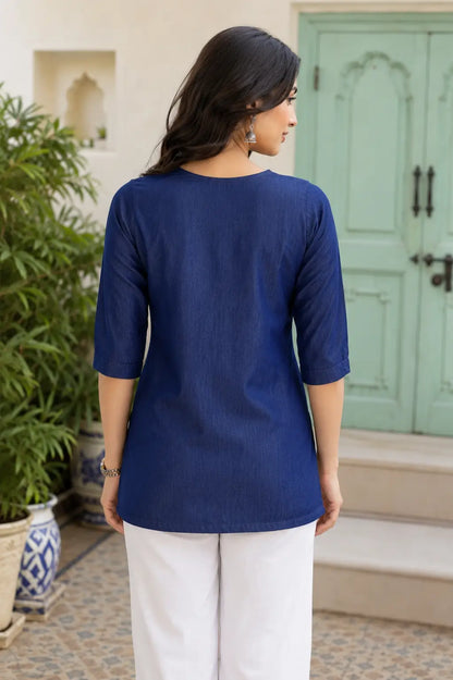 Back view of Rabric navy blue cotton short top for women with 3/4 sleeves stylish casual ethnic top