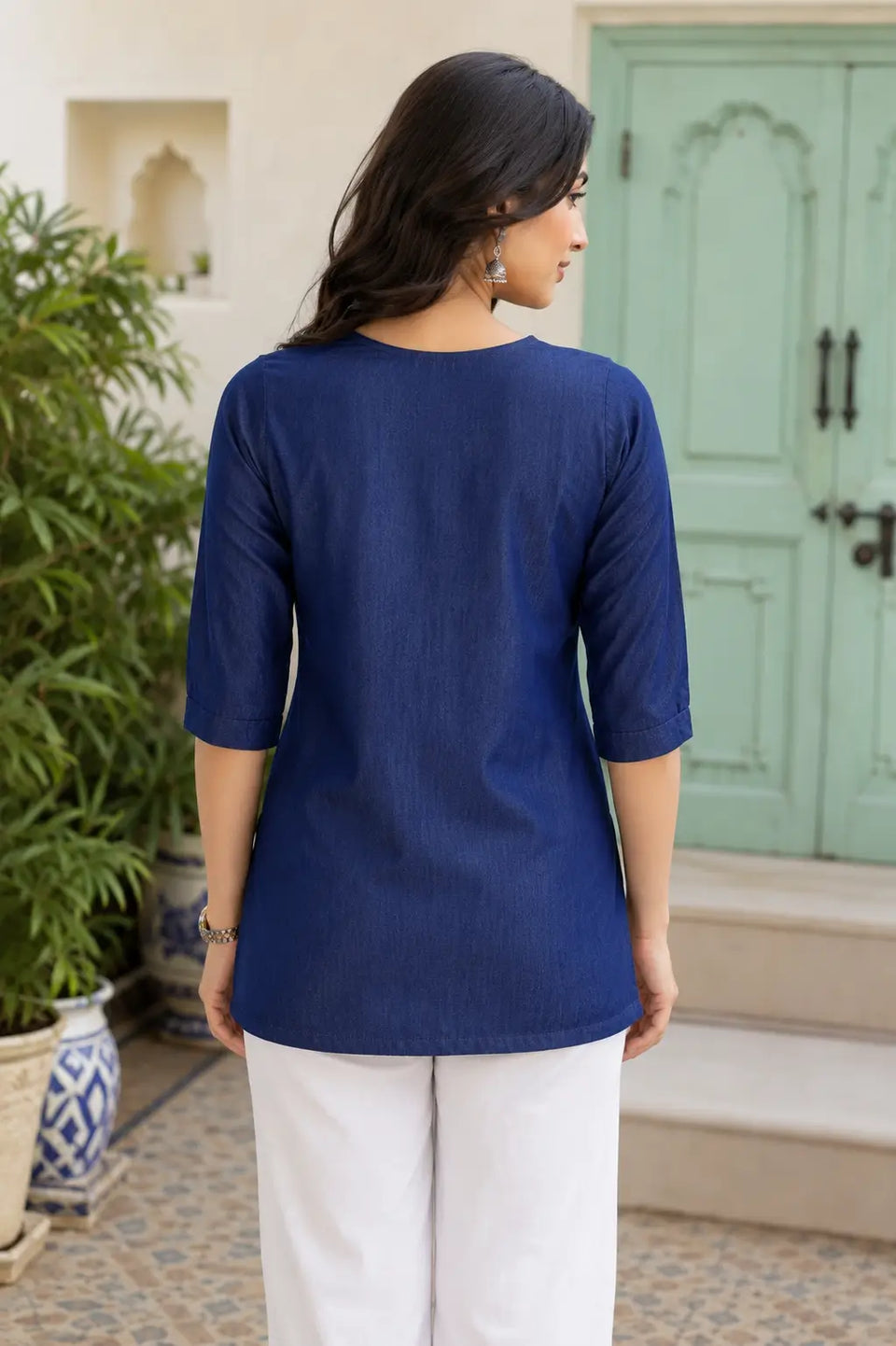 Back view of Rabric navy blue cotton short top for women with 3/4 sleeves stylish casual ethnic top