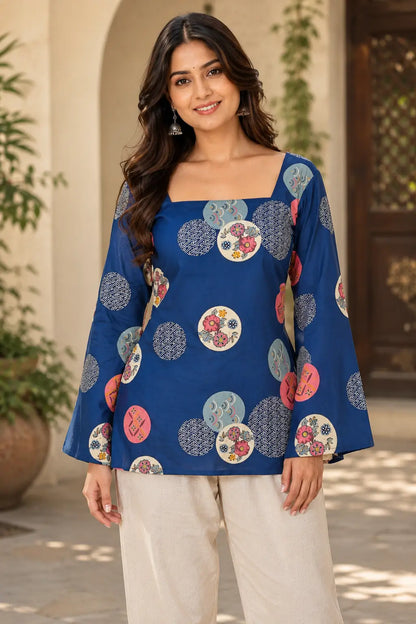 Woman wearing Rabric navy blue cotton printed short top with square neck and full bell sleeves styled for casual everyday fashion and summer outings.