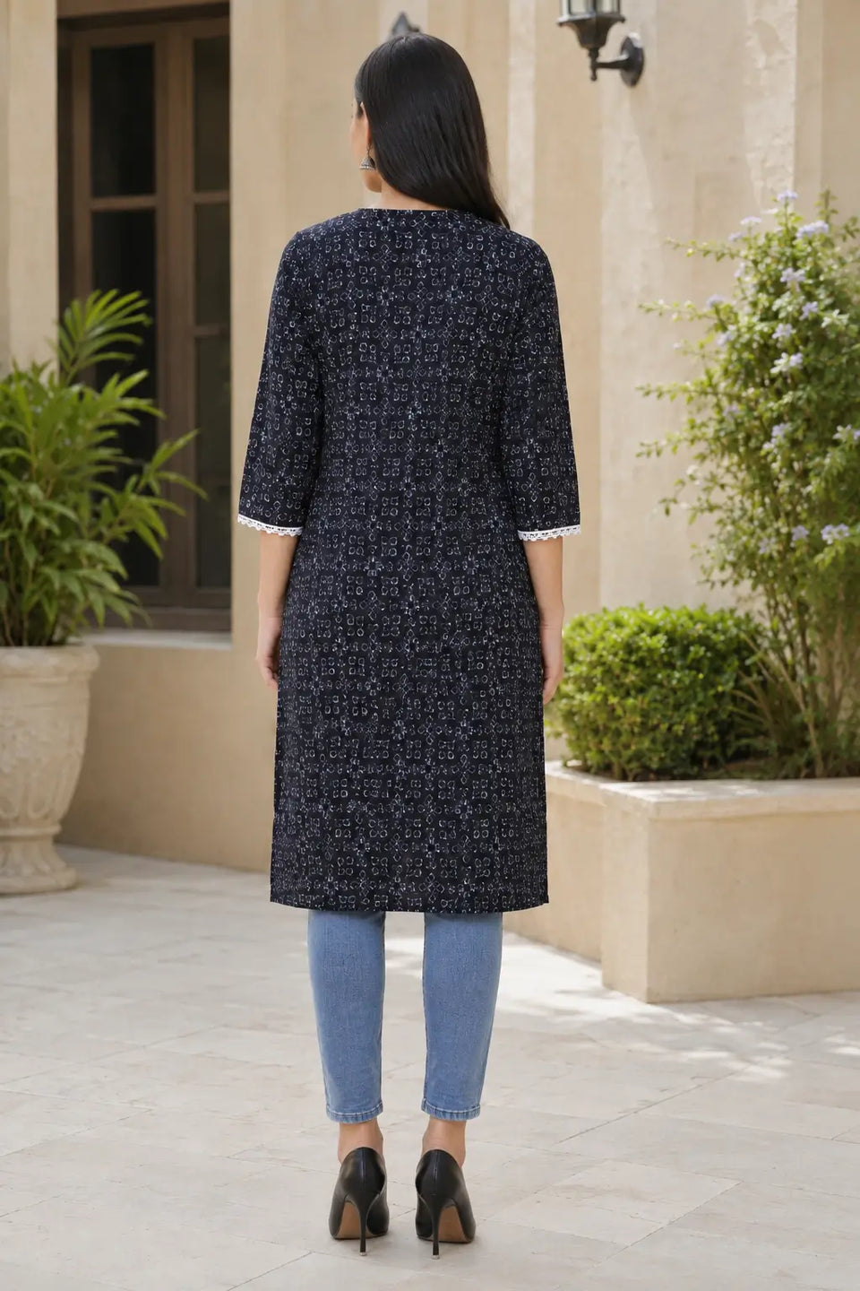 Rabric navy blue cotton printed kurti for women with V neck style, abstract geometric print and straight-fit back view