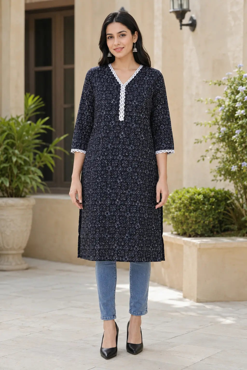 Rabric navy blue cotton V neck kurti for women with abstract geometric print and white embroidered neck design, front view