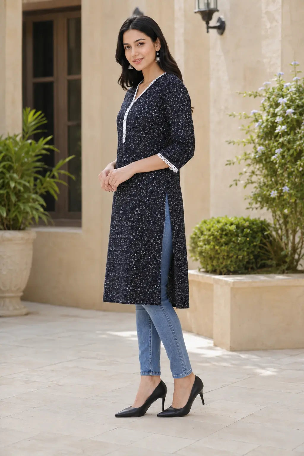 Rabric navy blue cotton long kurti for women with V neck, abstract geometric print, white embroidery and side slit view