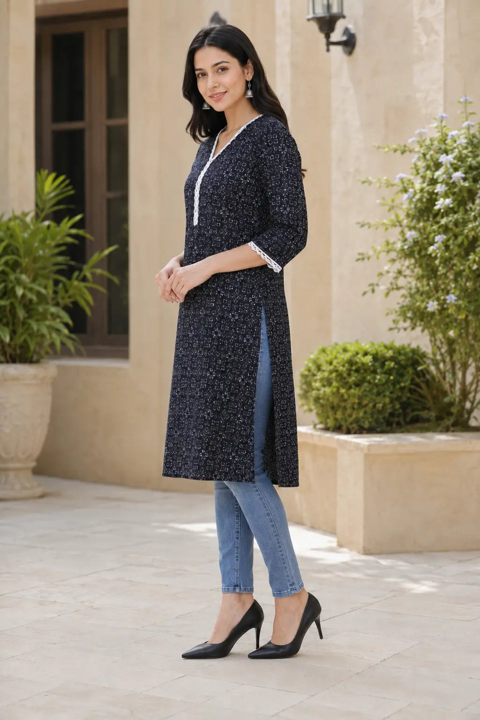 Rabric navy blue cotton long kurti for women with V neck, abstract geometric print, white embroidery and side slit view