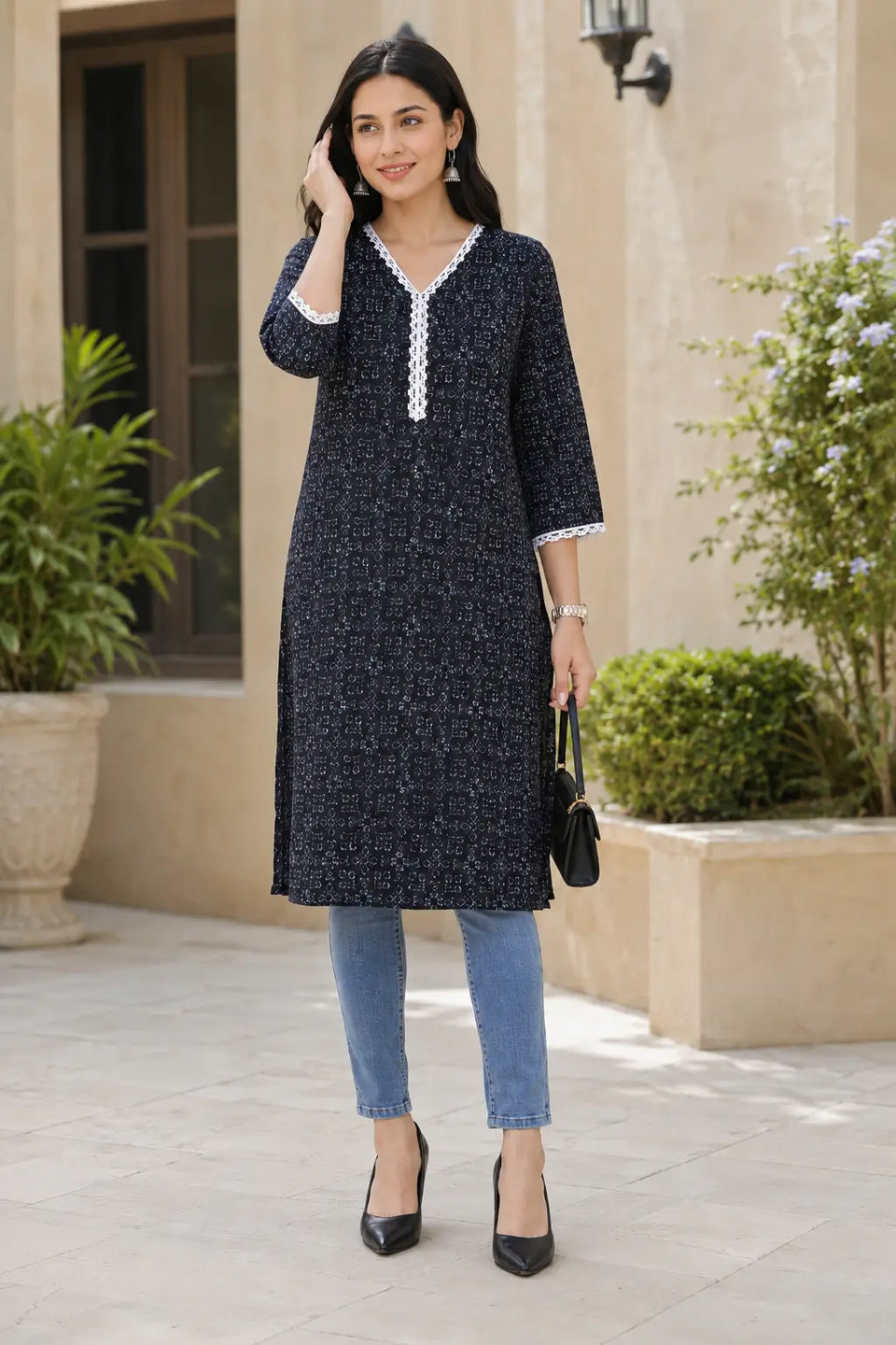 Rabric navy blue cotton straight kurti for women with V neck, abstract geometric print and white embroidered trim in casual look