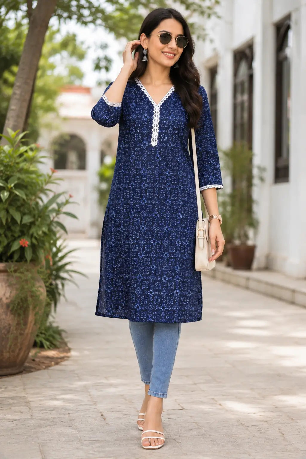 Rabric navy blue cotton V-neck long kurti for women with light blue geometric floral print styled with jeans for casual daily wear