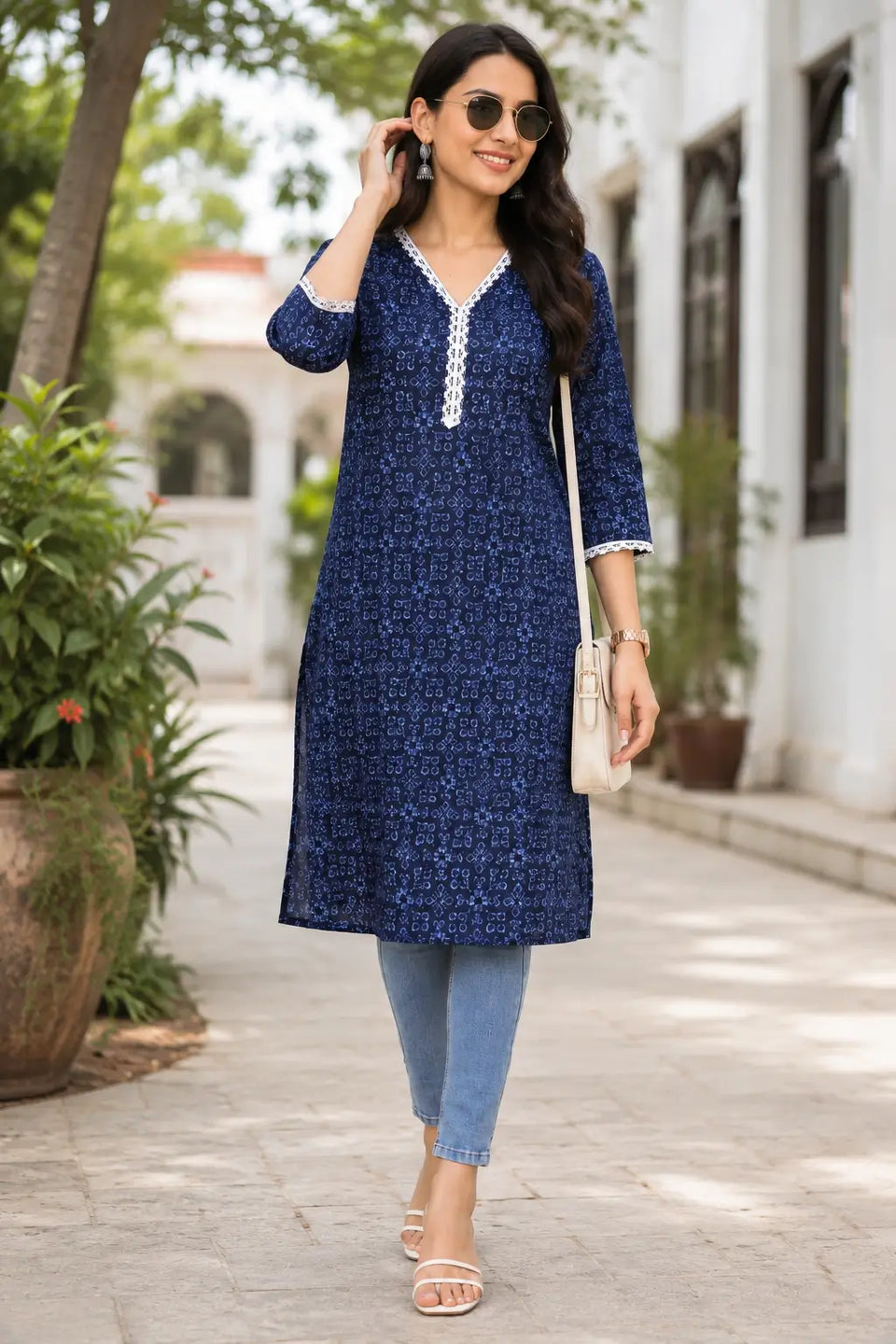 Rabric navy blue cotton V-neck long kurti for women with light blue geometric floral print styled with jeans for casual daily wear