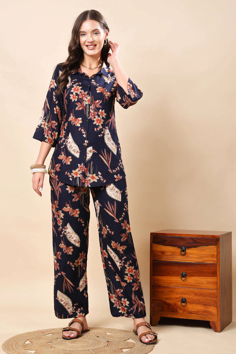 Rabric navy blue floral printed co-ord set for women front view