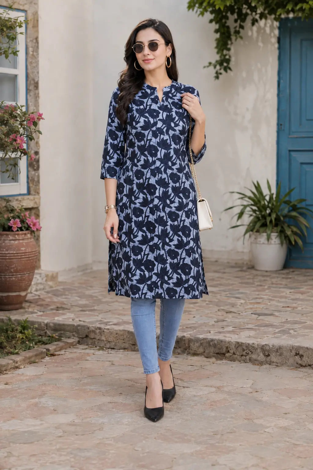 Rabric light blue-grey and navy blue cotton floral printed straight kurti for women styled as a comfortable casual wear outfit with collared neck