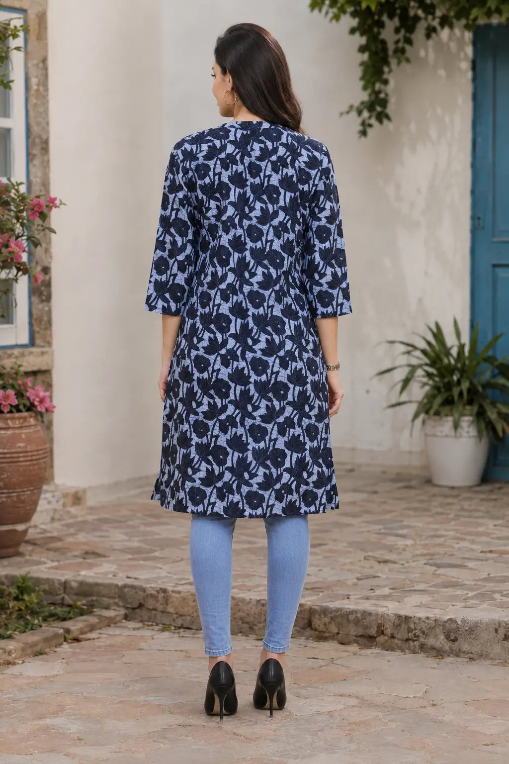 Rabric light blue-grey and navy blue cotton floral leaf printed straight kurti for women with 3/4 sleeves and side slits – back view