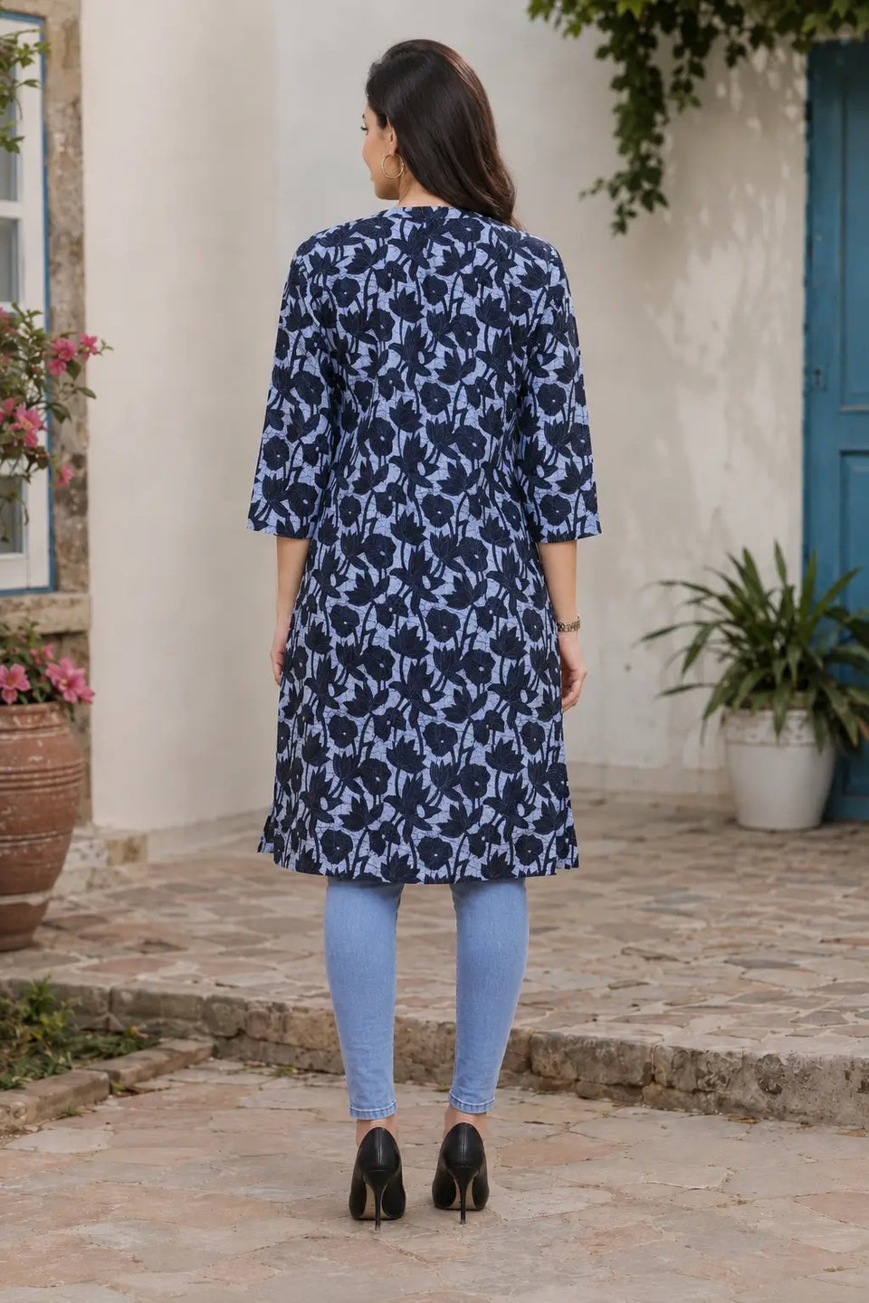 Rabric light blue-grey and navy blue cotton floral leaf printed straight kurti for women with 3/4 sleeves and side slits – back view