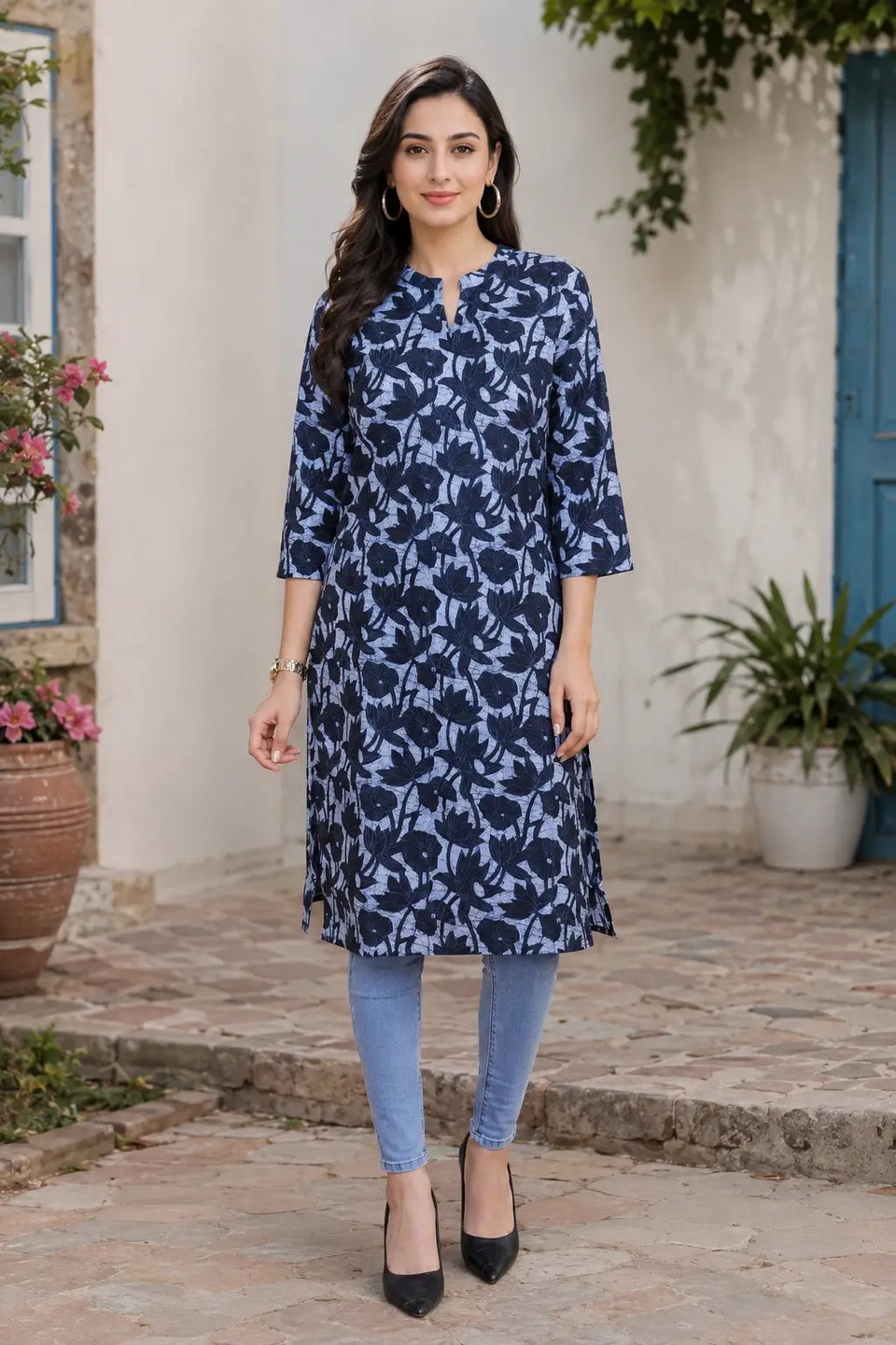 Rabric light blue-grey and navy blue cotton floral printed straight kurti for women with collared notch neck, operational buttons and 3/4 sleeves – front view