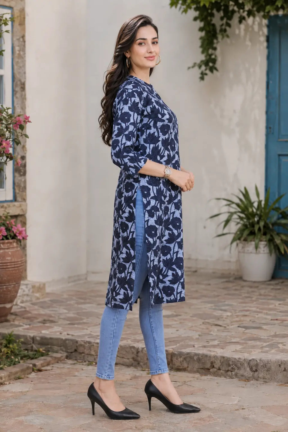 Rabric light blue-grey and navy blue cotton floral leaf print straight kurti for women with collared neck, 3/4 sleeves and side slit – side view