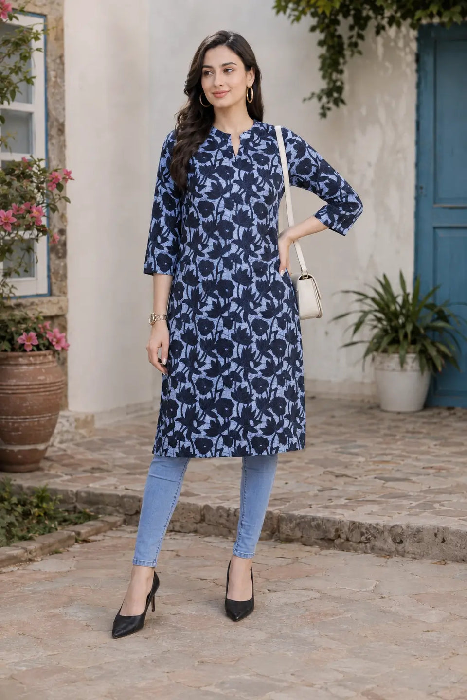 Rabric light blue-grey and navy blue cotton floral printed straight kurti for women, a stylish daily wear kurti with 3/4 sleeves and side slits