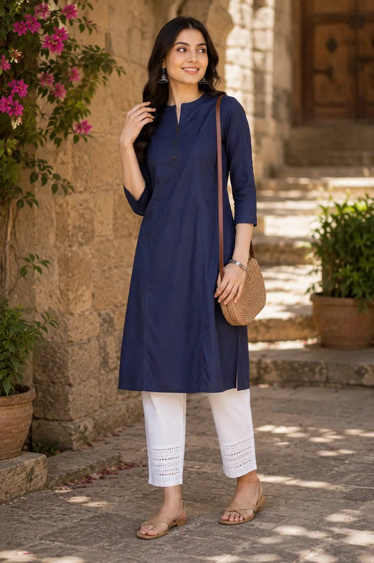 Rabric navy blue popline cotton casual women kurti styled with white pants in lifestyle fashion look