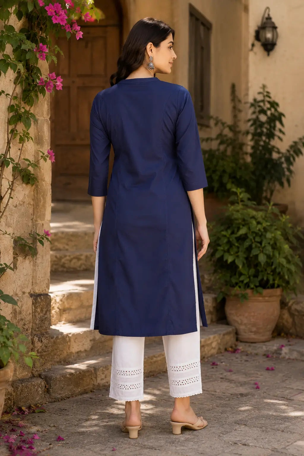 Back side view of Rabric navy blue popline cotton women kurti with elegant straight fit design