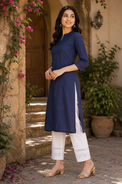 Side angle view of Rabric navy blue popline cotton kurti for women with side slit and modern ethnic styling