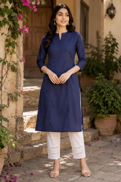 Rabric navy blue popline cotton women kurti front view with stylish neck design and 3/4 sleeves ethnic wear