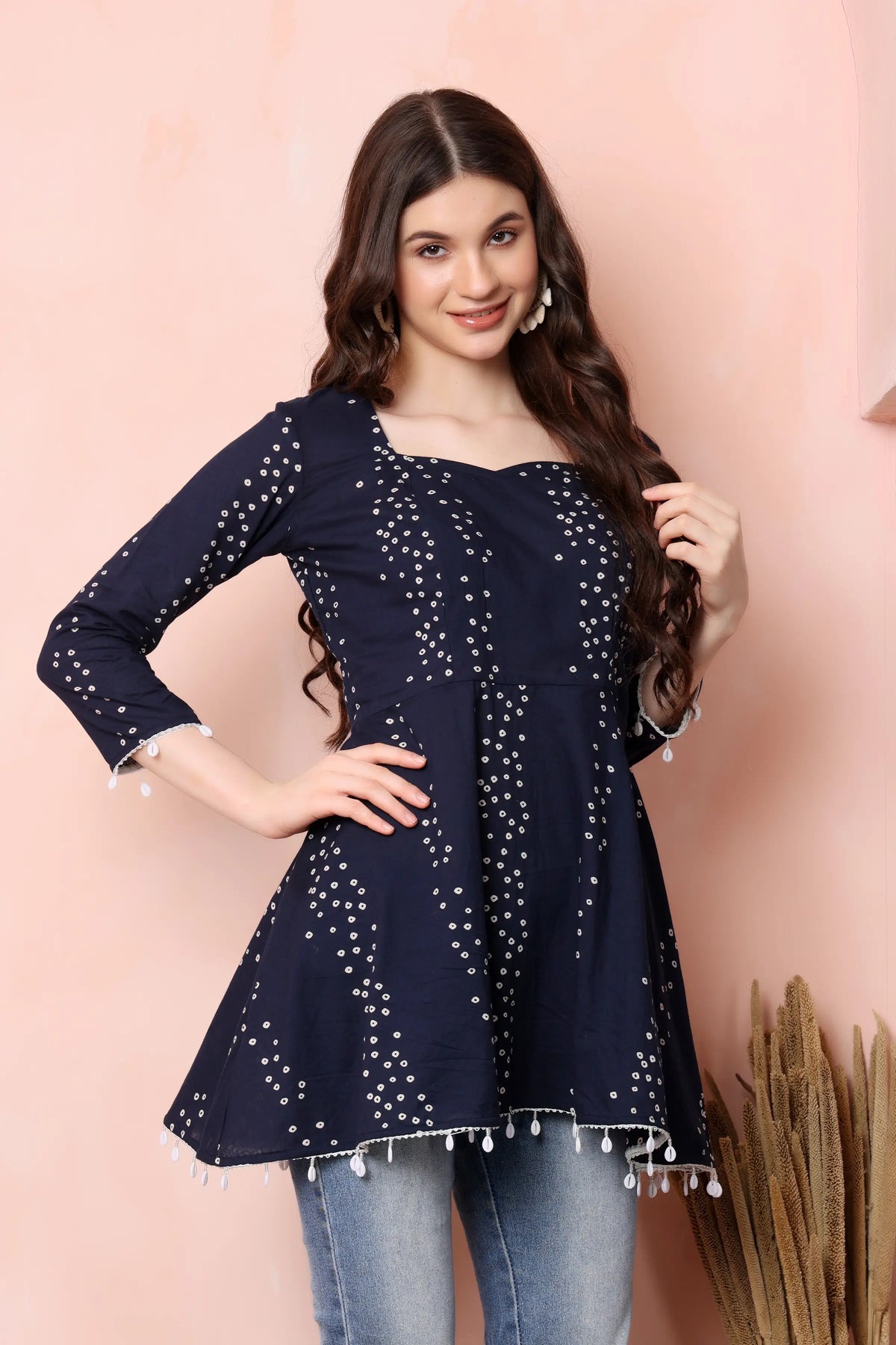 Side view of RABRIC navy blue pure cotton flared short kurti for women