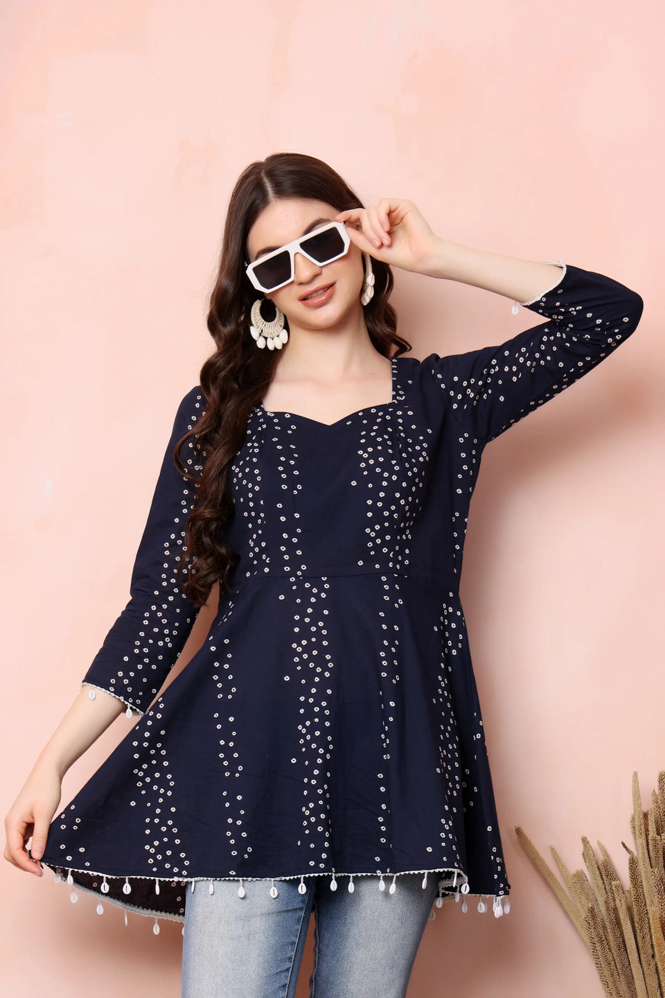 RABRIC navy blue pure cotton short kurti styled with jeans for a casual women’s day-out look