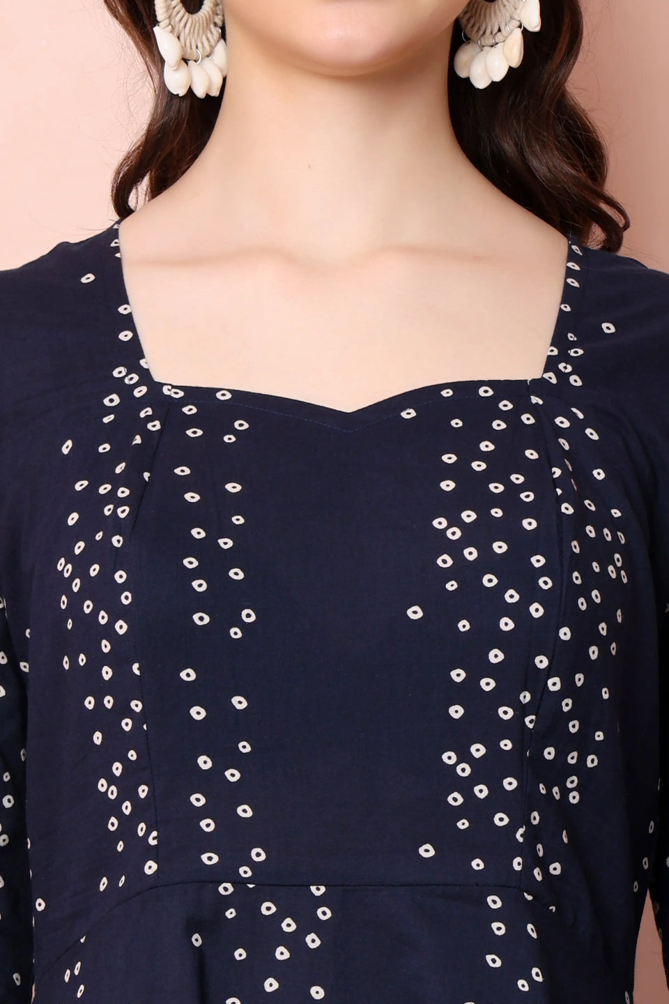 RABRIC navy blue pure cotton short kurti close-up showing printed statement neckline