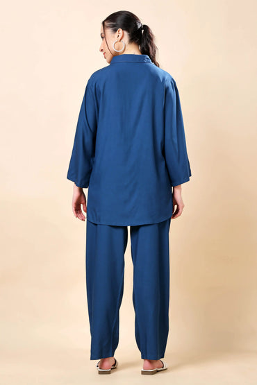 Back view of Rabric navy blue co-ord set with relaxed trousers